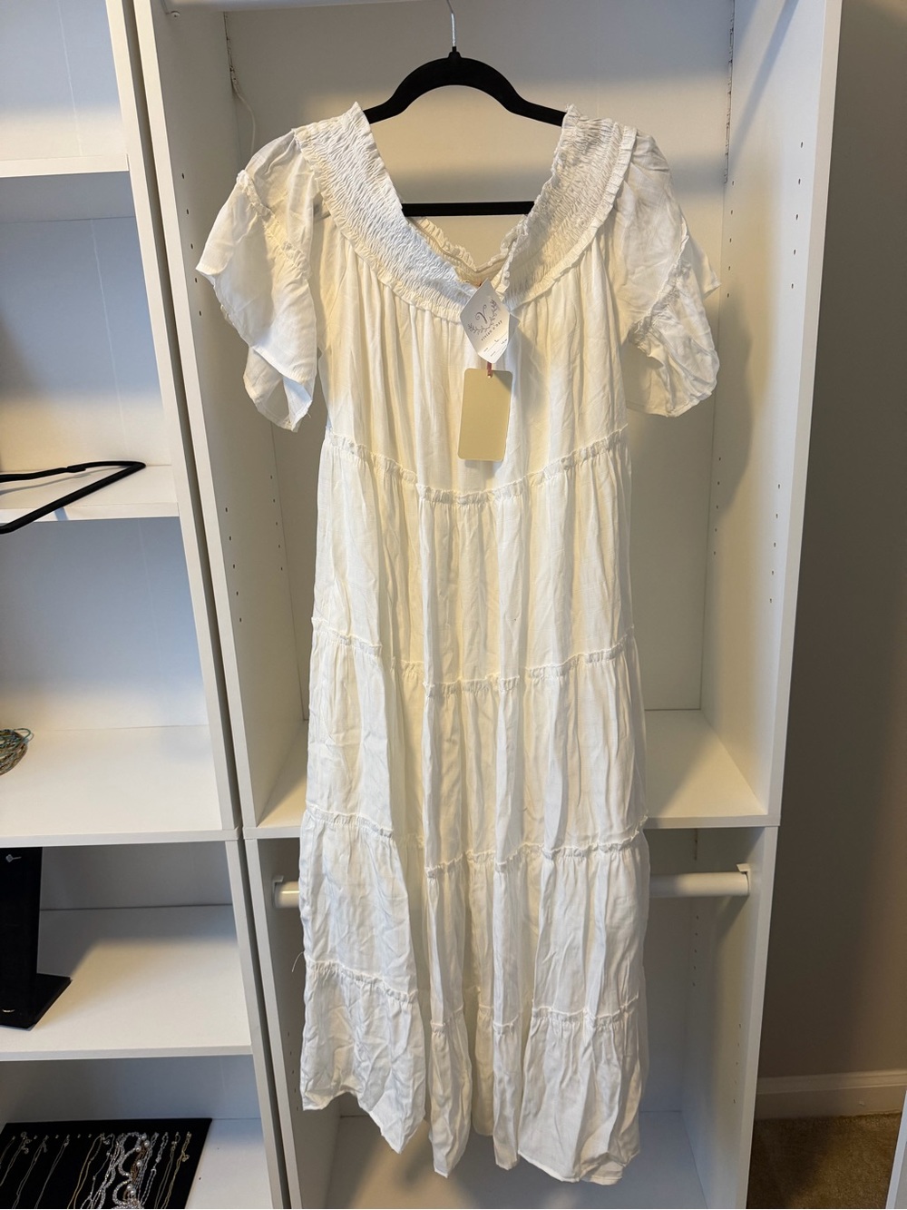 Entro White Off Shoulder Tiered Maxi Dress Size L NWT